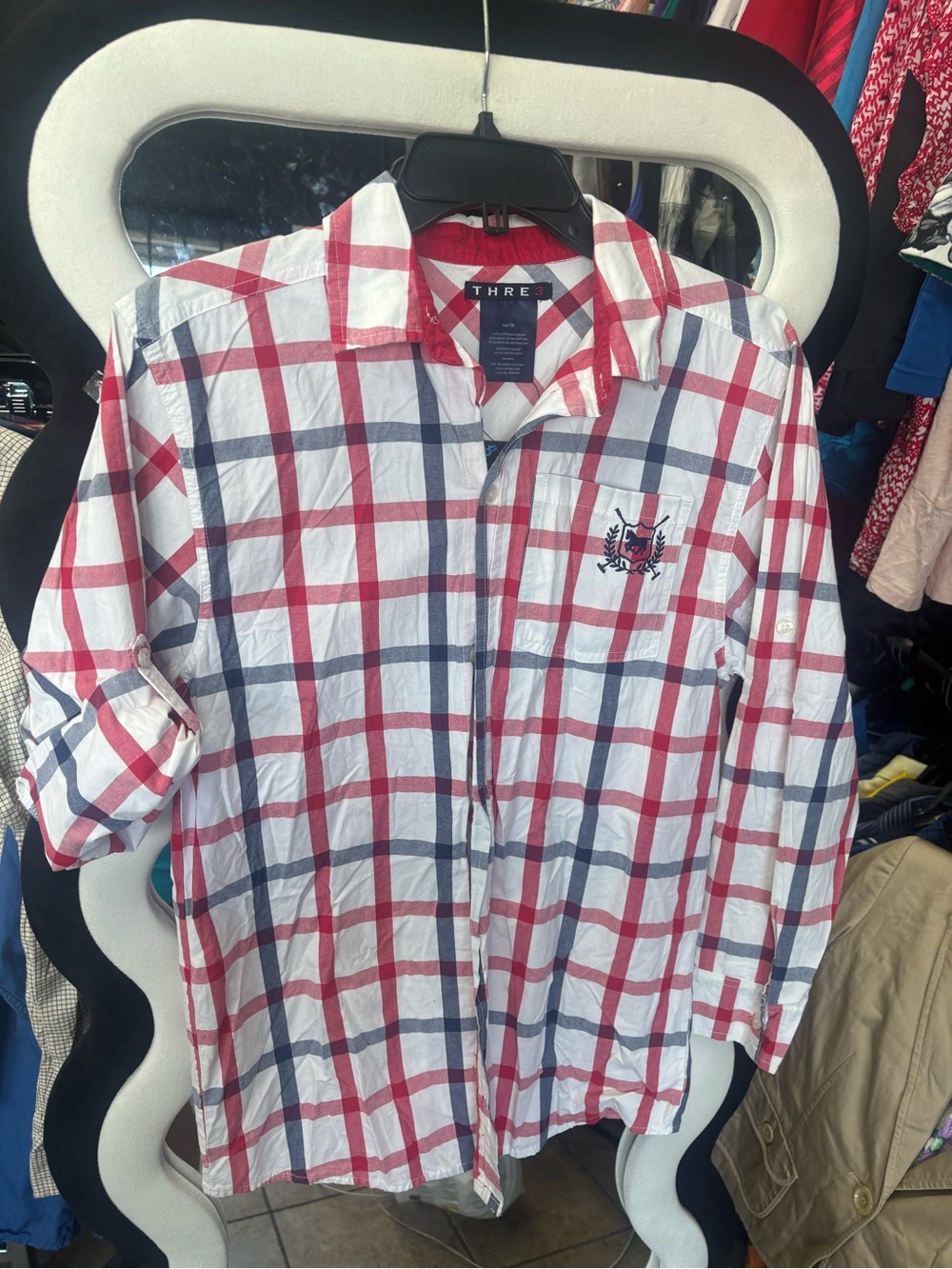 THRE 3 Red & Navy Plaid Long-Sleeve Button-Down Shirt